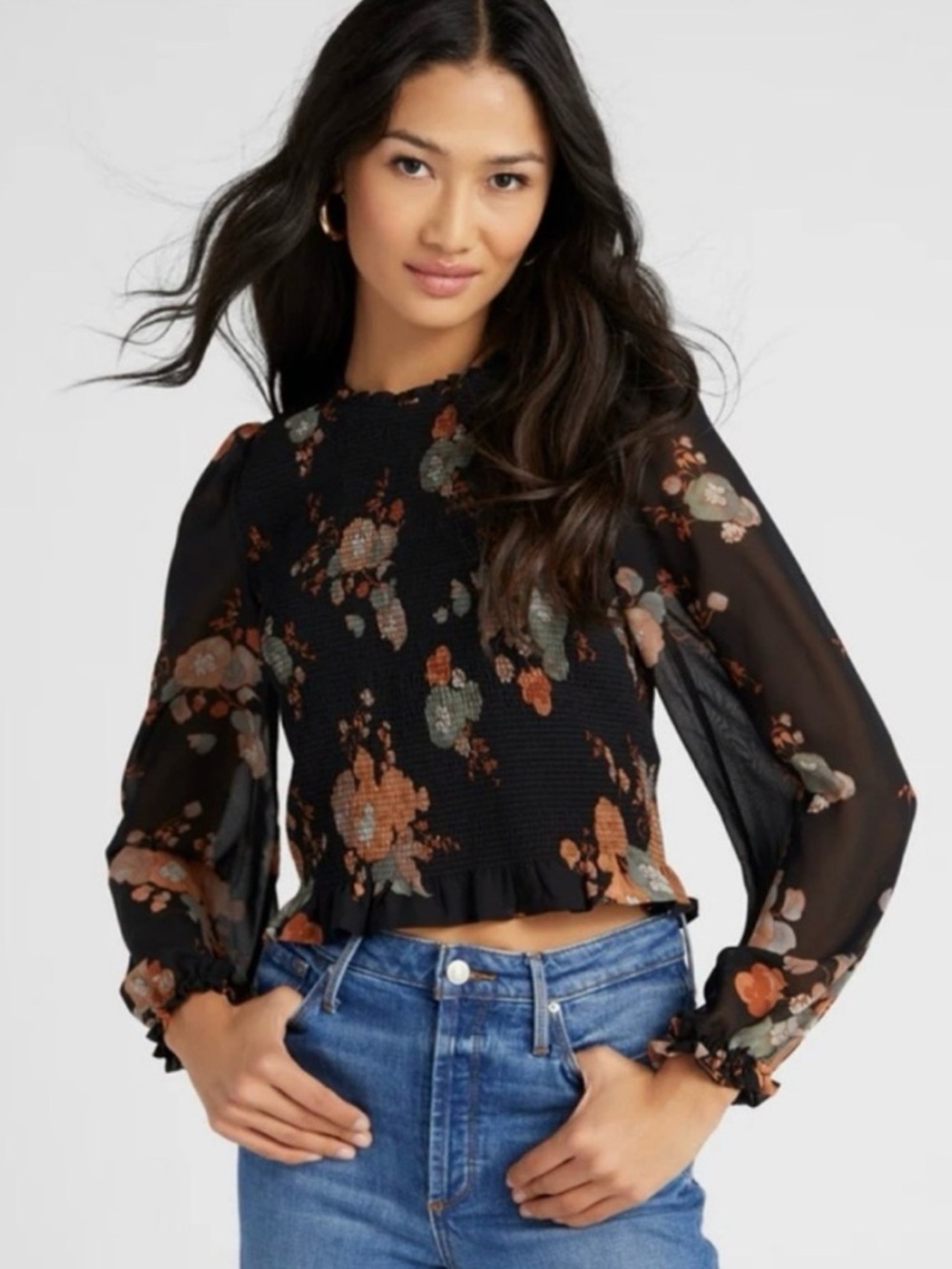 Wilfred Floral Smocked Long-Sleeve Crop Top - Black